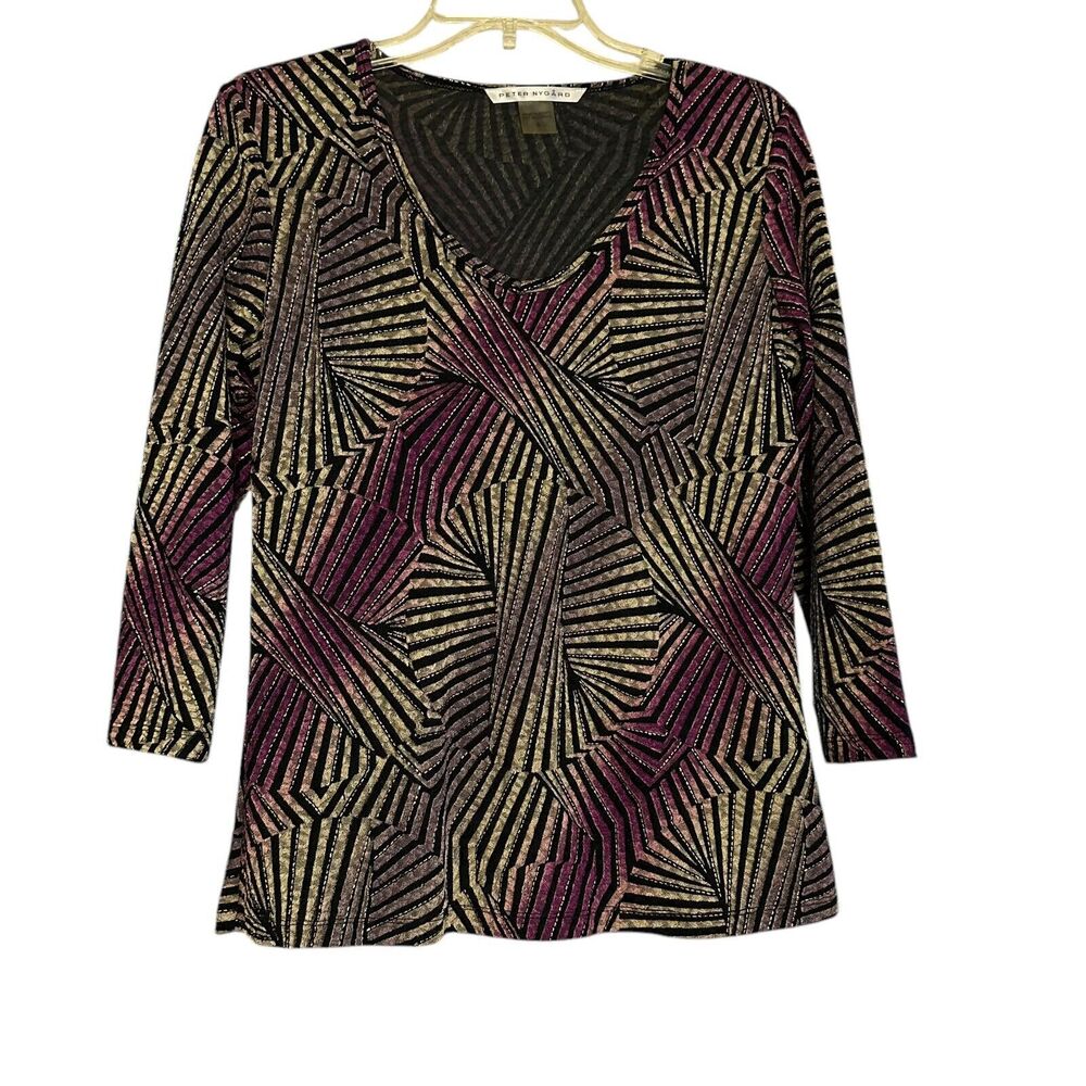 Peter Nygard Womens Top Sz S Stretch Long Sleeve Abstract Striped Gold Shimmer